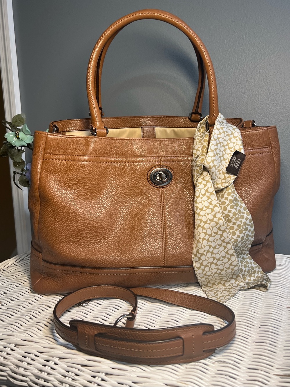 Coach Tan Leather Satchel with Signature Scarf